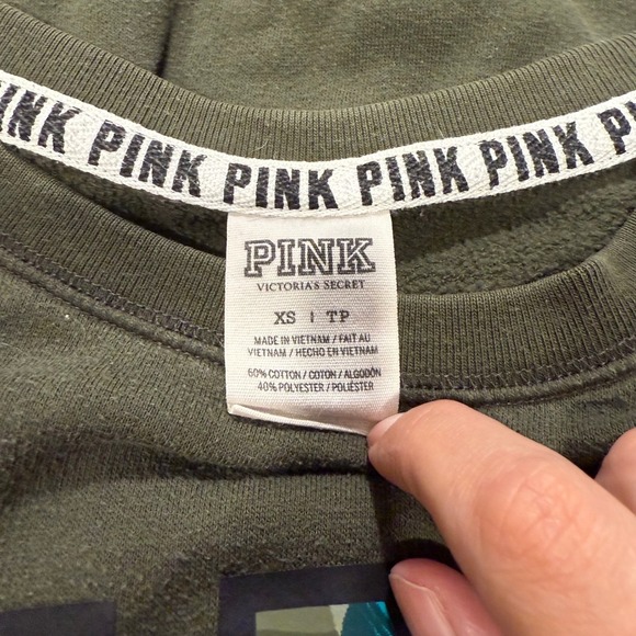 PINK Victoria's Secret Olive Green Floral Logo Crew Neck Sweatshirt - Picture 2 of 3